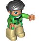 Duplo Figure with Thick Short Hair Combed over Forehead and Bun Black, with Green Jacket with Zipper - Nougat Face and Hands, Oval Eyes - Tan Legs
