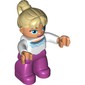 Duplo Figure with Ponytail Tan, with Magenta Legs, White Top with Blue Trim Design, Blue Oval Eyes