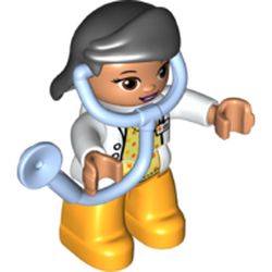 Duplo Figure with Hair Swept Right Black, Bright Light Orange Legs, White Top with ID Badge, White Arms, Attached Stethoscope (Medic)