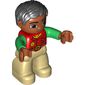 Duplo Figure with Parted Wavy Hair Black, with Red Shirt with Paw Print Badge and Bright Green Sleeves, Medium Nougat Face, Tan Legs
