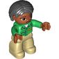 Duplo Figure Bob / Pageboy Hair Black, with Tan Legs, Green Top with 'ZOO' on Front, Brown Head, Brown Eyes