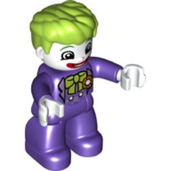 Duplo Figure with Thick Hair Combed Forward, Purple Legs and Arms, White Hands, with White Clown Face and Lime Bow on Chest Print (Joker)