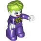 Duplo Figure with Thick Hair Combed Forward, Purple Legs and Arms, White Hands, with White Clown Face and Lime Bow on Chest Print (Joker)