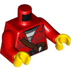 Torso Jacket with Leather Pouch, Prisoner Shirt Underneath, Belt Print, Red Arms, Yellow Hands