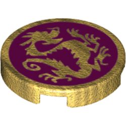 Tile Round 2 x 2 with Bottom Stud Holder with Pearl Gold Dragon on Magenta Background Print