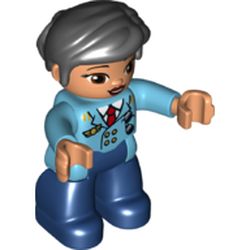 Duplo Figure with Thick Short Hair Combed over Forehead and Bun Black, Pilot, Dark Blue Legs, Medium Azure Top with Red Tie
