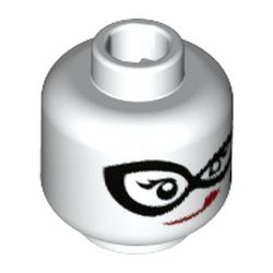 Minifig Head Harley Quinn, Dual Sided, Black Eyemask, Red Lips, Wink / Licking Lips Print [Hollow Stud]