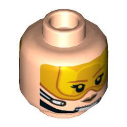 Minifig Head Sandspeeder Pilot, Red Lips, Orange Visor, Brown Eyebrows, Chin Strap, Headset, Smiling / Angry Print