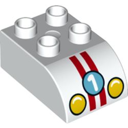 Duplo Brick 2 x 3 with Curved Top with '1', Headlights and 2 Red Stripes Print