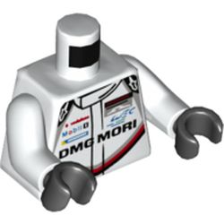 Torso Race Suit with 'PORSCHE DMG MORI' and Black, Red and Light Bluish Gray Stripe on Front and Back Print, White Arms, Black Hands