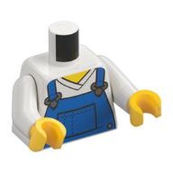 Torso V-Neck Shirt with Blue Overalls, Dotted Horizontal Line on Front Pocket Print, White Arms, Yellow Hands