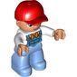 Duplo Figure with Cap Red, with White Shirt and Orange Bandana (Scarf) under Blue Coveralls - Medium Blue Legs
