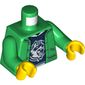 Torso Jacket over Dark Blue Shirt with White Collar and Raccoon Logo Print, Green Arms, Yellow Hands