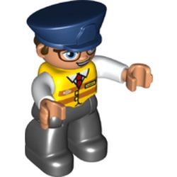 Duplo Figure with Police Style Hat Dark Blue, with Black Legs, Yellow Vest with Red Tie, White Arms, Glasses with Blue Eyes