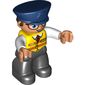 Duplo Figure with Police Style Hat Dark Blue, with Black Legs, Yellow Vest with Red Tie, White Arms, Glasses with Blue Eyes
