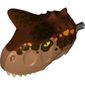 Animal Body Part, Dinosaur, Carnotaurus Head with Pin, Tan Teeth, Reddish Brown Top and Dark Brown and Orange Spots