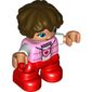 Duplo Figure Child with Short Wavy Hair Dark Brown, with Red Legs, Bright Pink Shirt with Heart Print