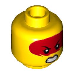 Minifig Head Harumi, Dual Sided, Red Markings over Eyes, Open Mouth with Teeth, Grimace / Frown with Peach Lips Print [Hollow Stud]