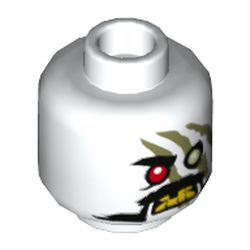 Minifig Head Iron Baron, One Red Eye, One Green Eye, Angry, Yellow Teeth, Olive Green Markings Print [Hollow Stud]