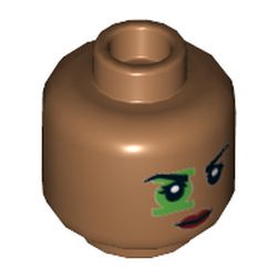 Minifig Head Green Lantern (Jessica Cruz), Dual Sided, Eyebrows, Green Lantern Logo over Eye, Red Lips Black Eyes / Green Eyes Print [Hollow Stud]