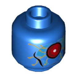 Minifig Head OMAC, Large Red Eye in Dark Azure Panel, Gold Circuitry Print [Hollow Stud]