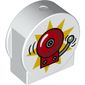 Duplo Brick 1 x 3 x 2 Round Top, Cut Away Sides with Ringing Fire Alarm Bell, Yellow Background Print