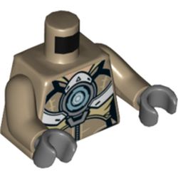 Torso Armor with White Panels, Silver Large Circle and Belt Print, Dark Tan Arms, Dark Bluish Gray Hands