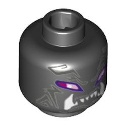 Minifig Head Oni Villain, Purple and Pink Stretched Eyes, White Fangs, Tribal Markings Print [Hollow Stud]