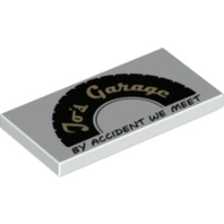 Tile 2 x 4 with Black Tire Half with Tan 'Jo's Garage' and Black 'BY ACCIDENT WE MEET' print