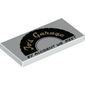 Tile 2 x 4 with Black Tire Half with Tan 'Jo's Garage' and Black 'BY ACCIDENT WE MEET' print