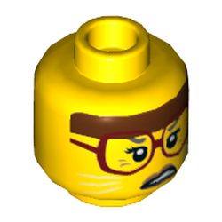 Minifig Head Sherry Scratchen-Post, Reddish Brown Headband, Dark Red Glasses, White Cat Whiskers, Scowling Print [Hollow Stud]