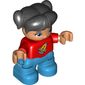 Duplo Figure Child with Ponytails and Bangs Black, Red Top with Rocket Ship Print - Nougat Face and Hands - Dark Azure Legs