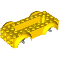 LEGO part 12622c02 Vehicle Base 4 x 10 x 2 1/2 with Mudguards, Wheel Pins and 6 x 2 Centre Recess with 3 Holes, Light Bluish Gray Wheel Holders in Bright Yellow/ Yellow