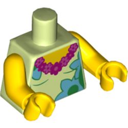 Torso Dark Pink and Magenta Lei, Medium Azure and Bright Green Flowers Print, Yellow Arms and Hands