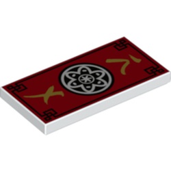 Tile 2 x 4 with Red Background, Black Trim, Gold Asian Symbols, Black and White Mandala Print