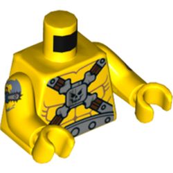 Torso Bare Chest, Straps, Skull, Bones, Metal Belt Print, Yellow Arms and Hands with Tattoo Print on Right Arm