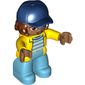 Duplo Figure with Cap Dark Blue, Medium Azure Legs, Yellow Jacket, White and Medium Azure Striped Undershirt, Curly Reddish Brown Hair