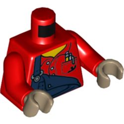 Torso Overall, Dark Blue with One Strap Down, Shirt Pockets with Pens Print, Red Arms, Dark Tan Hands