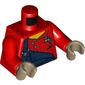 Torso Overall, Dark Blue with One Strap Down, Shirt Pockets with Pens Print, Red Arms, Dark Tan Hands