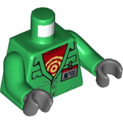 Torso Jacket, ID Badge, Red Shirt with Yellow Circles, Green Arms, Dark Bluish Gray Hands