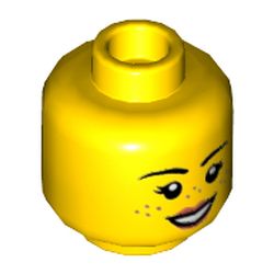 Minifig Head Parker L. Jackson, Freckles, Coral Lips, Open Mouth Smile / Lowered Left Eyebrow, Grumpy Frown Print