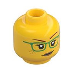 Minifig Head Freya McCloud, Green Glasses, Peach Lips, and Smile / Raised Eyebrow