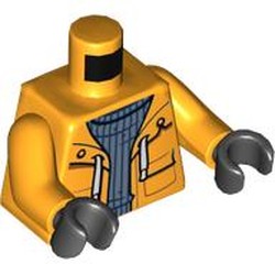 Torso Raincoat with Laces over Gray Pullover Print, Bright Light Orange Arms, Black Hands