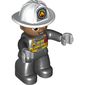 Duplo Figure with Helmet, Black Legs, Black Jacket with Safety Harness, White Helmet with Silver Fire Badge and Radio, Brown Eyes (Firefighter)