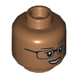 Minifig Head Allison Miles, Female, Black Glasses, Peach Lips, Open Mouth Smile, Teeth