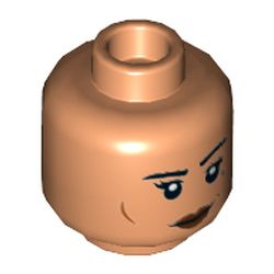 Minifig Head Cara Dune, Dark Red Lips, Eyebrows, Cheek Lines, Dark Bluish Gray Tattoo, Smile / Angry Print