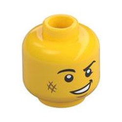 Minifig Head, Black Eyebrows, White Pupils, Cheek Scuff or Scar, Lopsided Grin Print and Chin Dimple