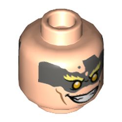 Minifig Head Junkrat, Olive Green Face Paint, Bright Light Yellow Eyebrows, Yellow Eyes, Open Mouth Smile / Gritted Teeth Smile Print