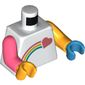 Torso, Odd Arms and Hands, Coral Shooting Heart and Rainbow Print, Left Bright Light Orange Arm and Dark Azure Hand, Right Coral Arm and Bright Light Orange Hand