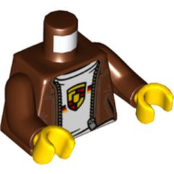 Torso Jacket, Zipper, White Shirt, Porsche Symbol/Logo Print, Reddish Brown Arms, Yellow Hands